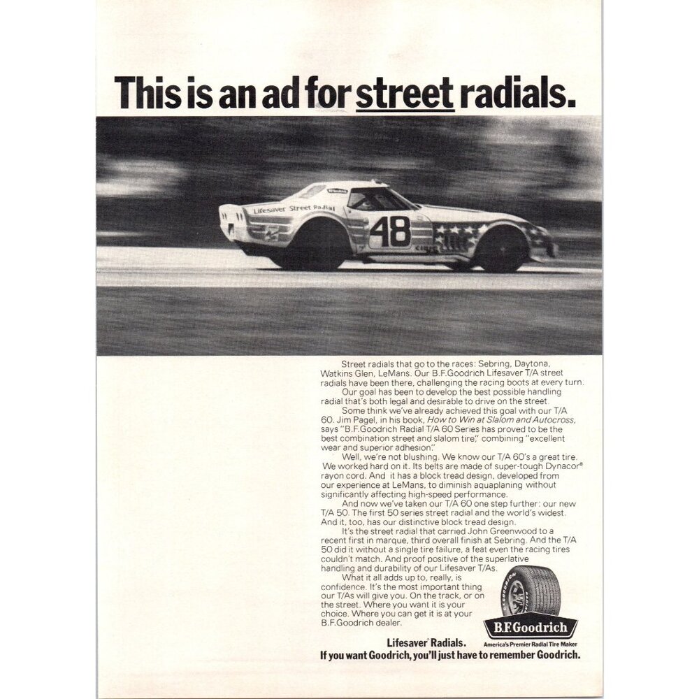 1973 BF Goodrich Lifesaver Radial Tires Vintage Print Ad Corvette Race Wall Art